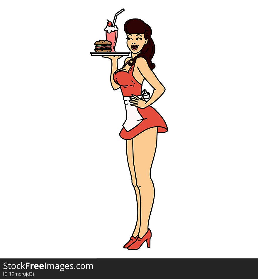 tattoo in traditional style of a pinup waitress girl. tattoo in traditional style of a pinup waitress girl