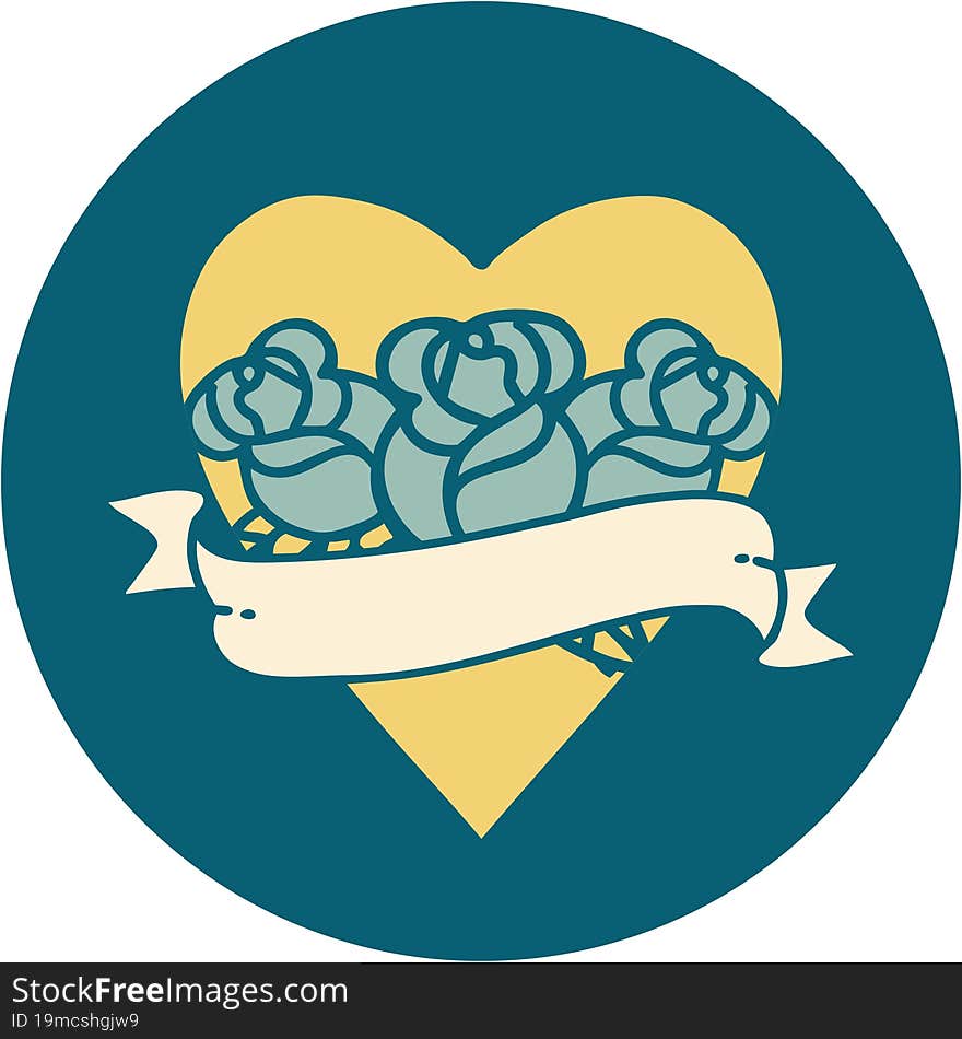 iconic tattoo style image of a heart and banner with flowers. iconic tattoo style image of a heart and banner with flowers