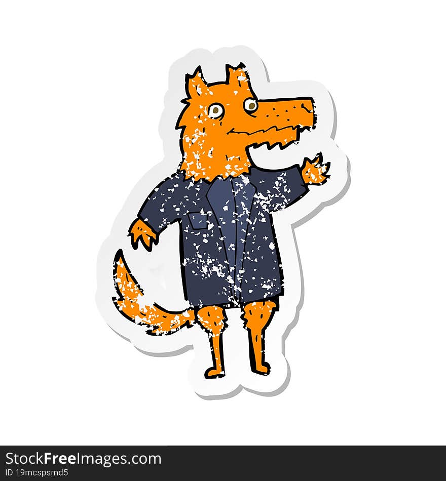 retro distressed sticker of a cartoon fox businessman