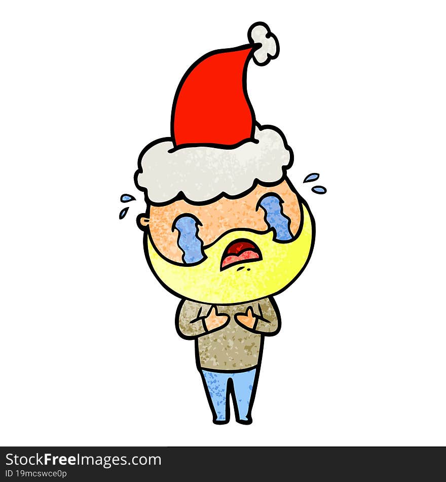 textured cartoon of a bearded man crying wearing santa hat