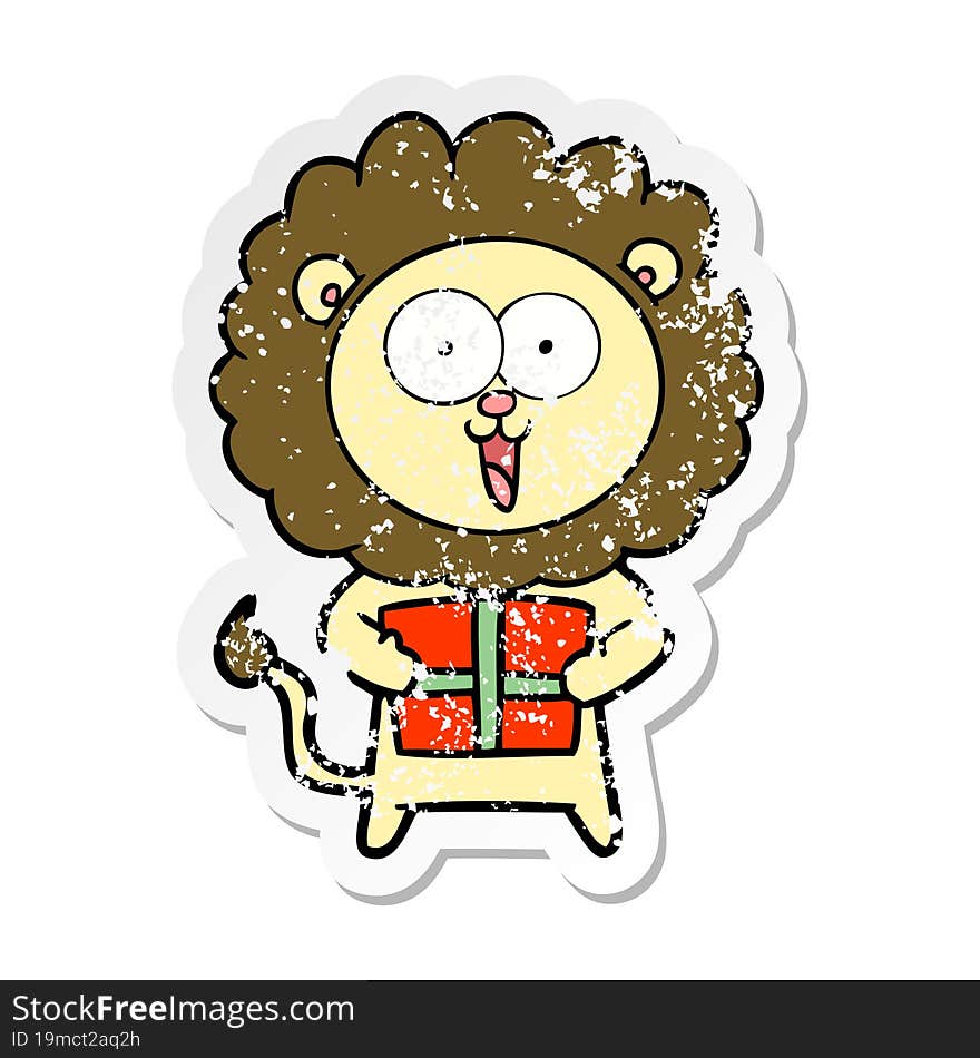 distressed sticker of a happy cartoon lion