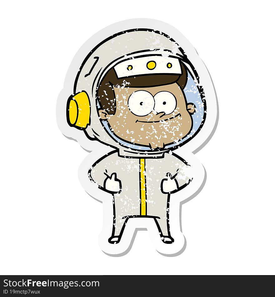 distressed sticker of a happy astronaut cartoon