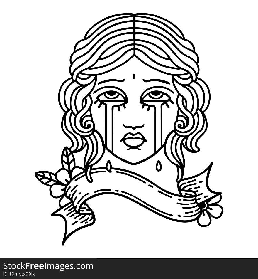 traditional black linework tattoo with banner of female face crying