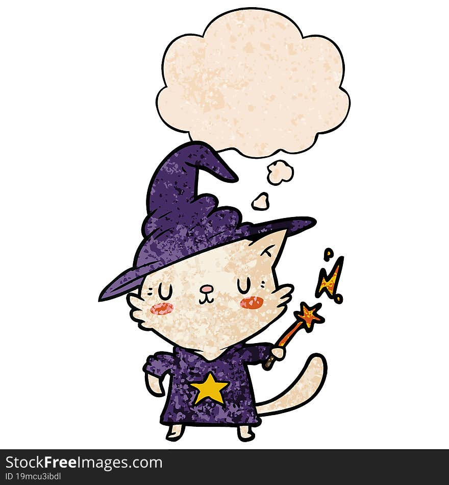 cartoon cat wizard with thought bubble in grunge texture style. cartoon cat wizard with thought bubble in grunge texture style