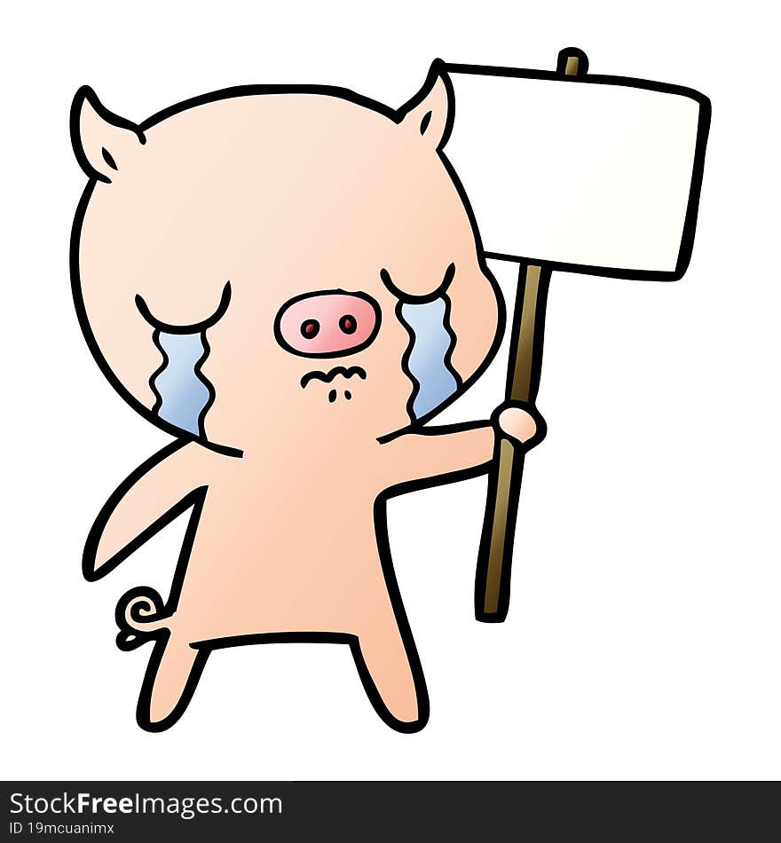 cartoon crying pig with sign post. cartoon crying pig with sign post