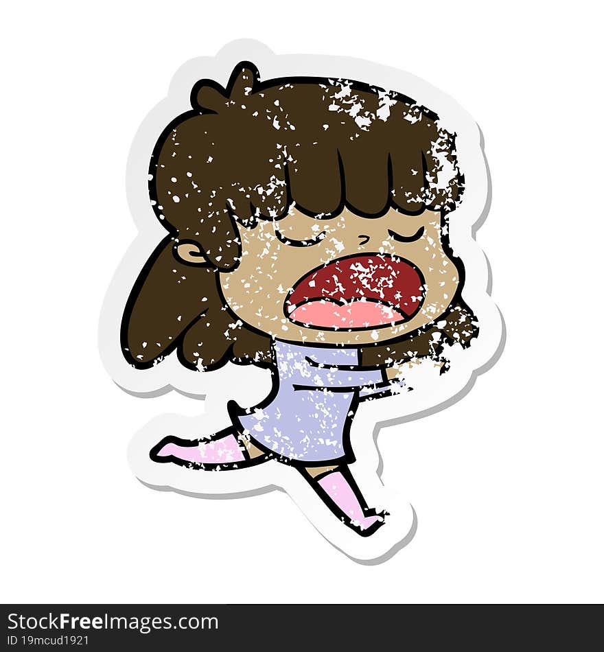 distressed sticker of a cartoon woman talking loudly