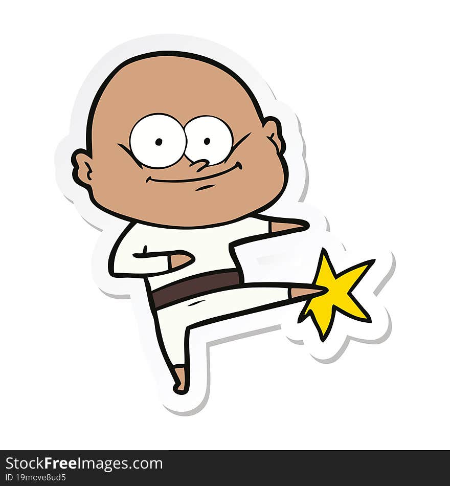 sticker of a cartoon bald man karate kicking