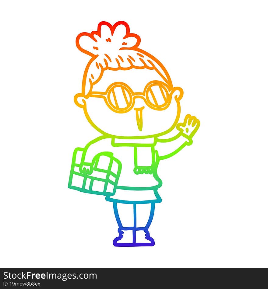 rainbow gradient line drawing of a cartoon woman wearing spectacles