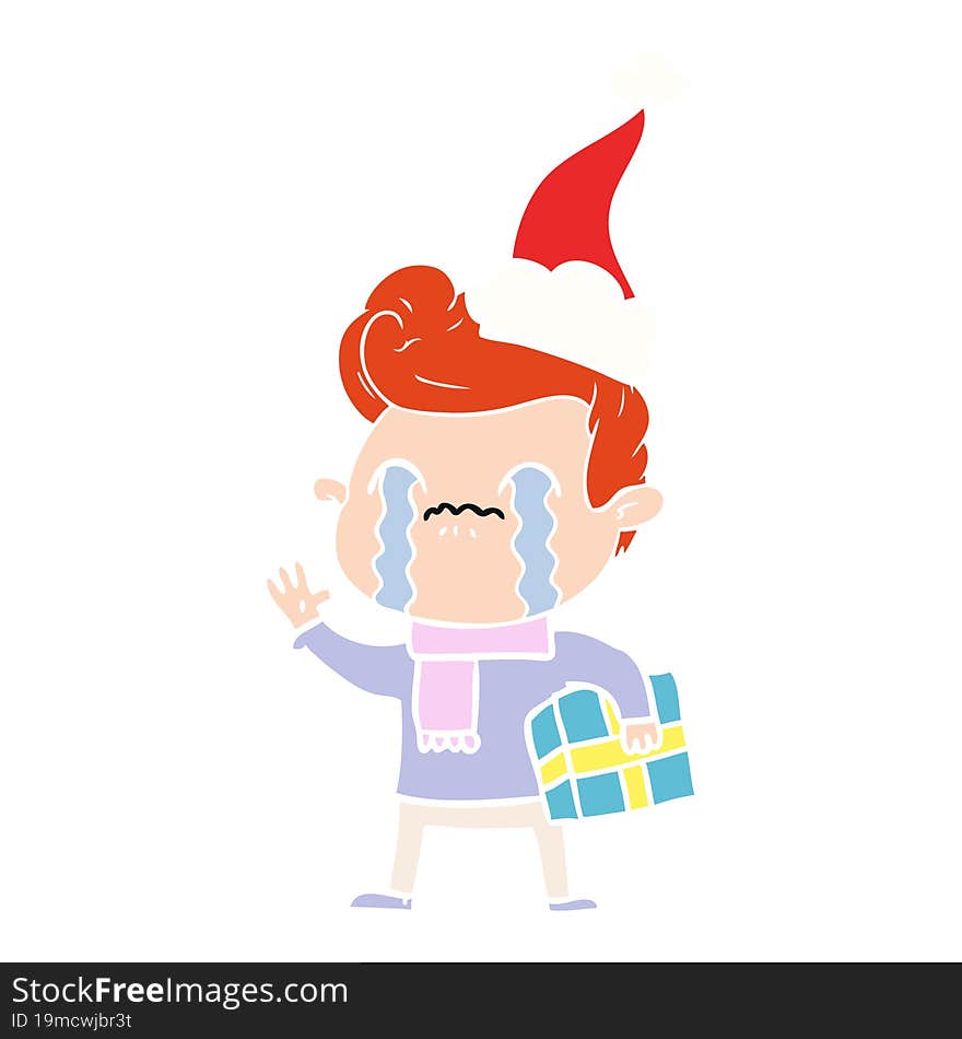 flat color illustration of a man crying wearing santa hat