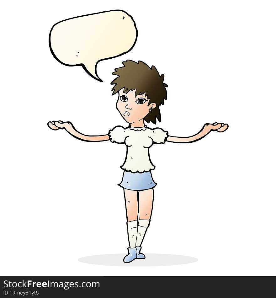 cartoon woman shrugging shoulders with speech bubble