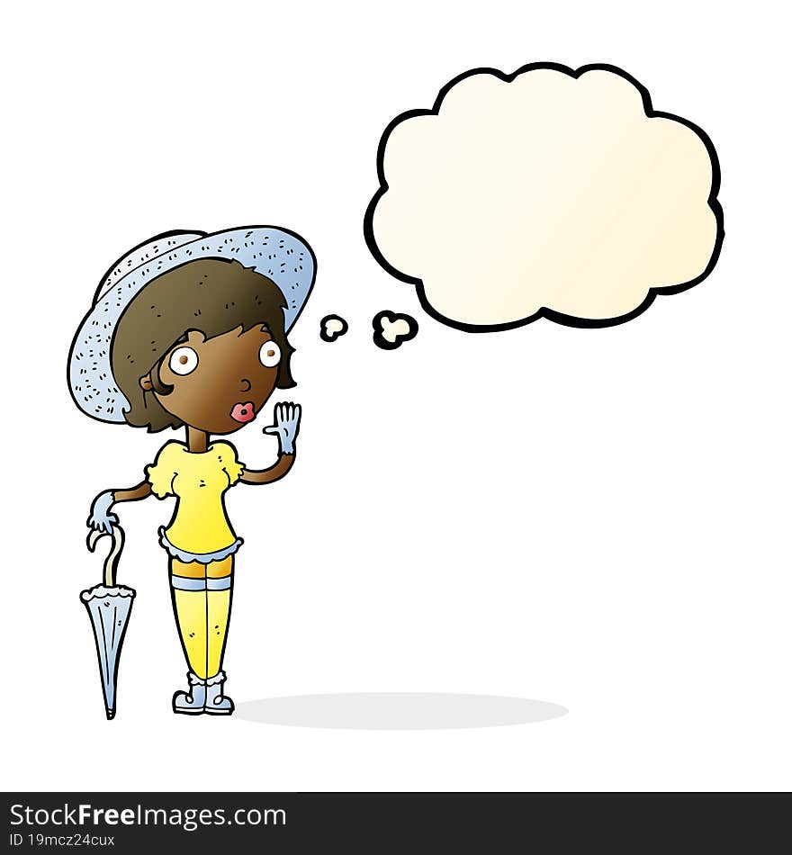 Cartoon Woman In Summer Hat Waving With Thought Bubble