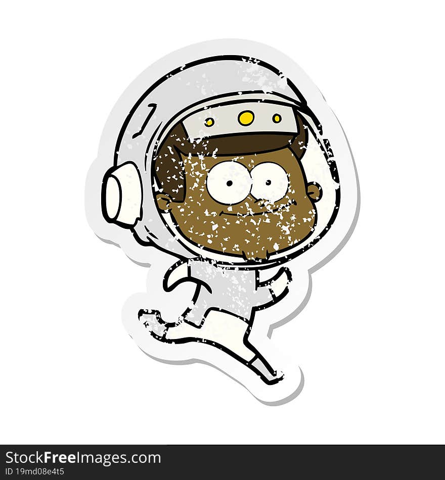 distressed sticker of a happy astronaut cartoon