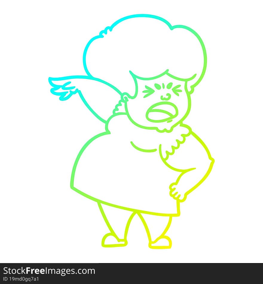 cold gradient line drawing of a cartoon angry woman