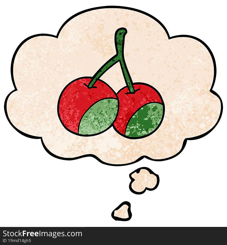 cartoon cherries and thought bubble in grunge texture pattern style