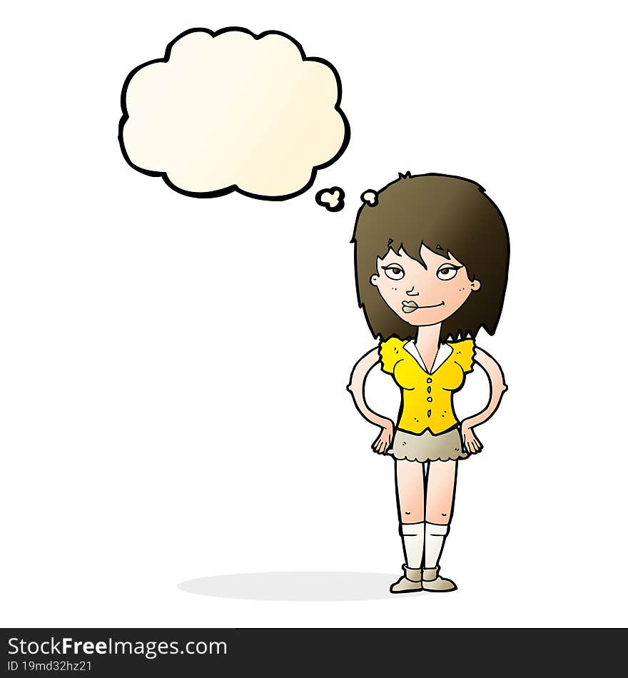 cartoon woman with hands on hips with thought bubble