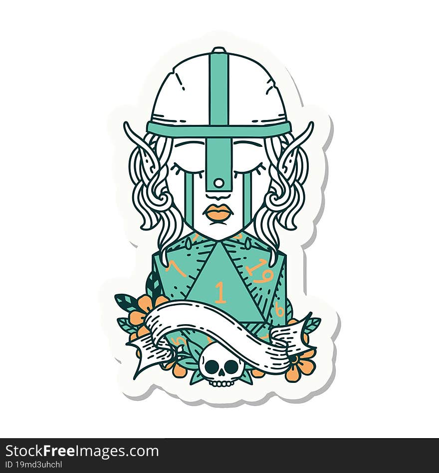 sticker of a crying elf fighter character face with natural one D20 roll. sticker of a crying elf fighter character face with natural one D20 roll