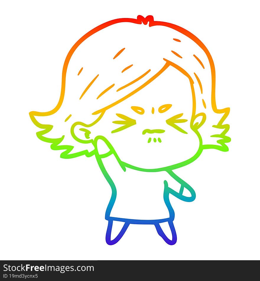 rainbow gradient line drawing of a cartoon angry girl