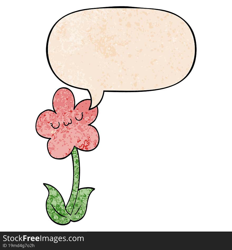 cartoon flower and speech bubble in retro texture style