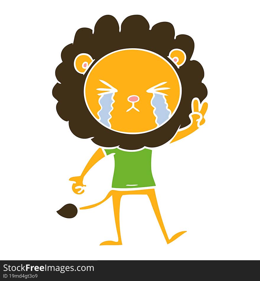 flat color style cartoon crying lion giving peace sign