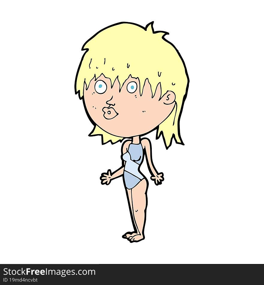 Cartoon Woman In Swimsuit Shrugging Shoulders