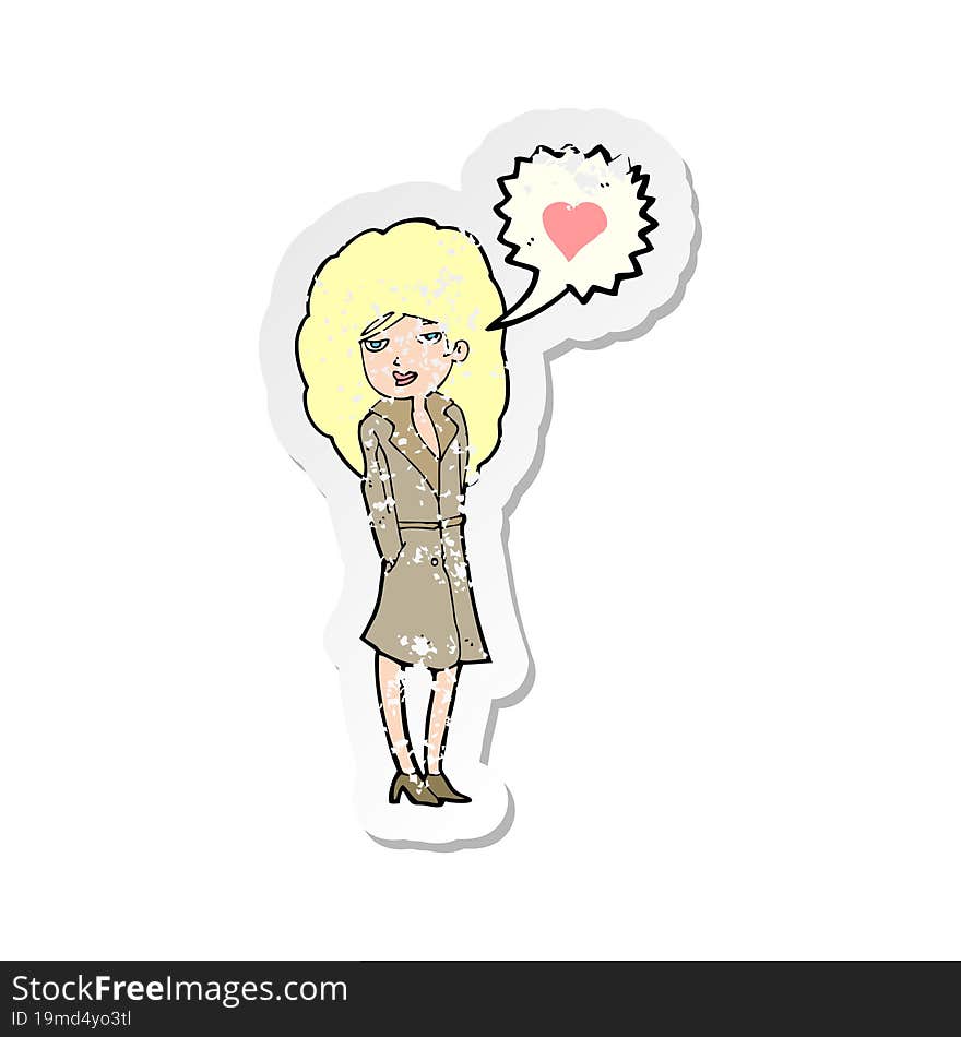 retro distressed sticker of a cartoon trenchcoat wearing woman in love