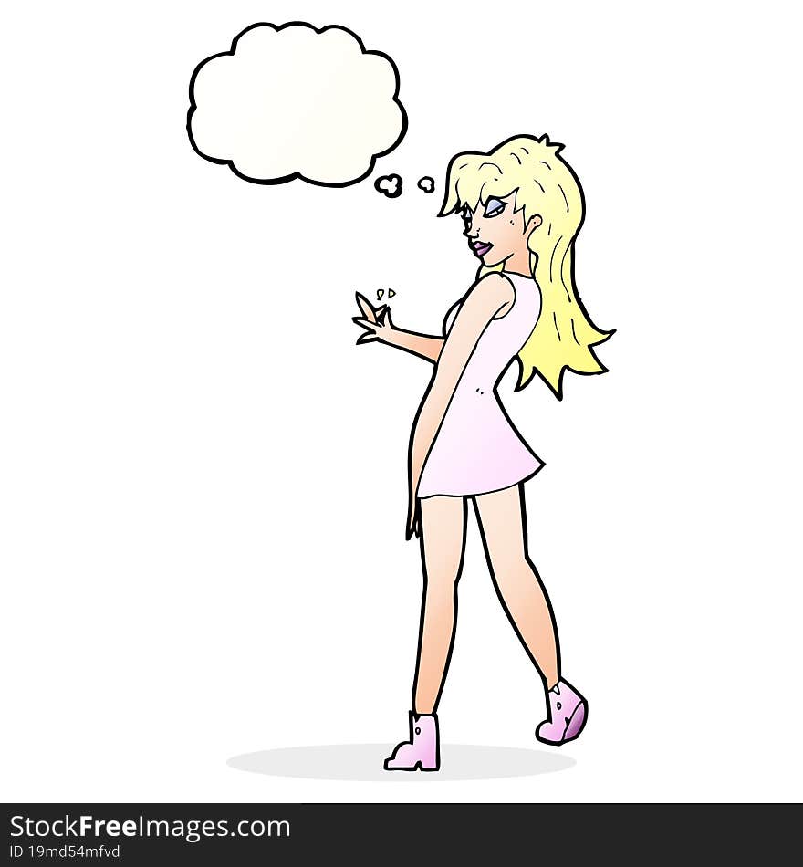 cartoon woman posing in dress with thought bubble