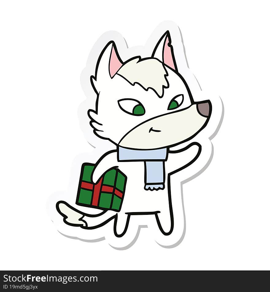 sticker of a friendly cartoon christmas wolf