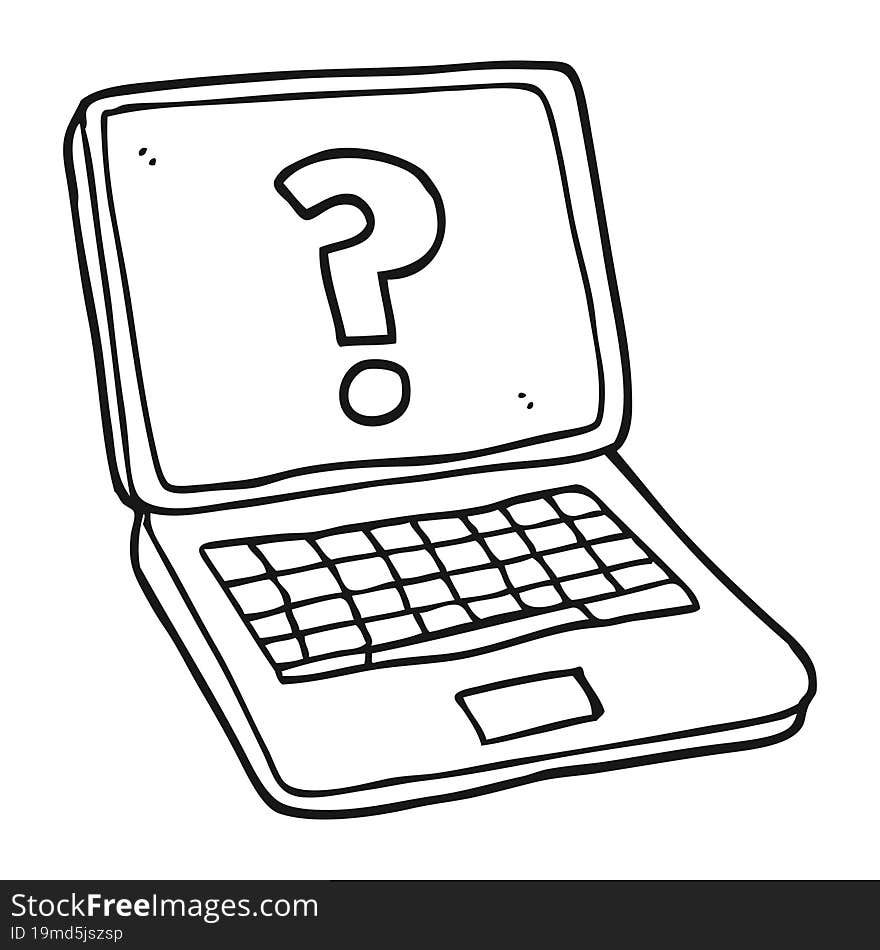 black and white cartoon laptop computer with question mark