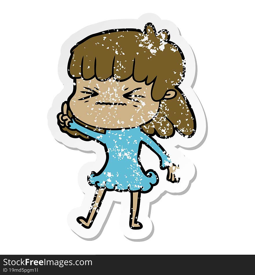 distressed sticker of a cartoon angry girl