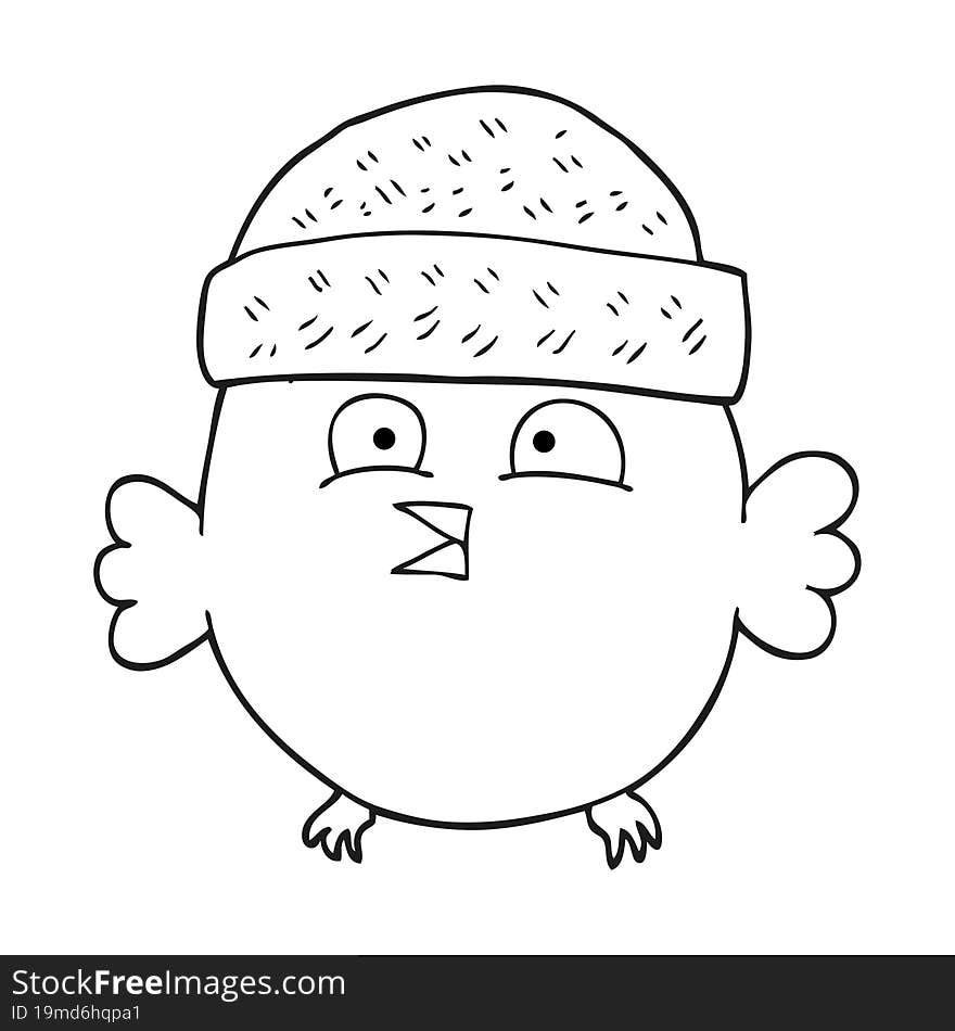 freehand drawn black and white cartoon owl wearing hat