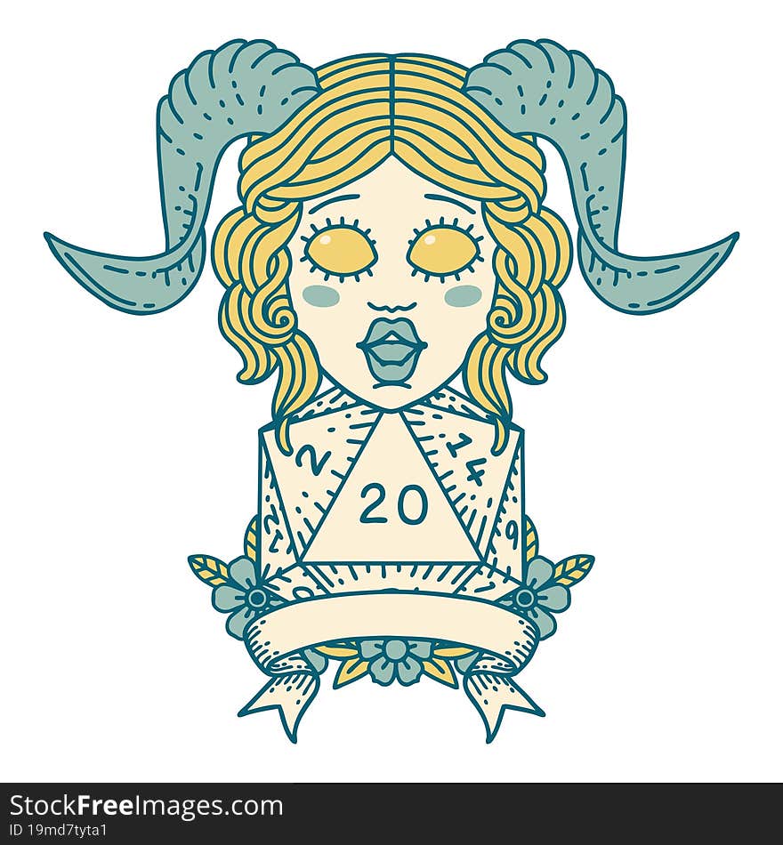 Retro Tattoo Style tiefling with natural 20 D20 roll. Retro Tattoo Style tiefling with natural 20 D20 roll