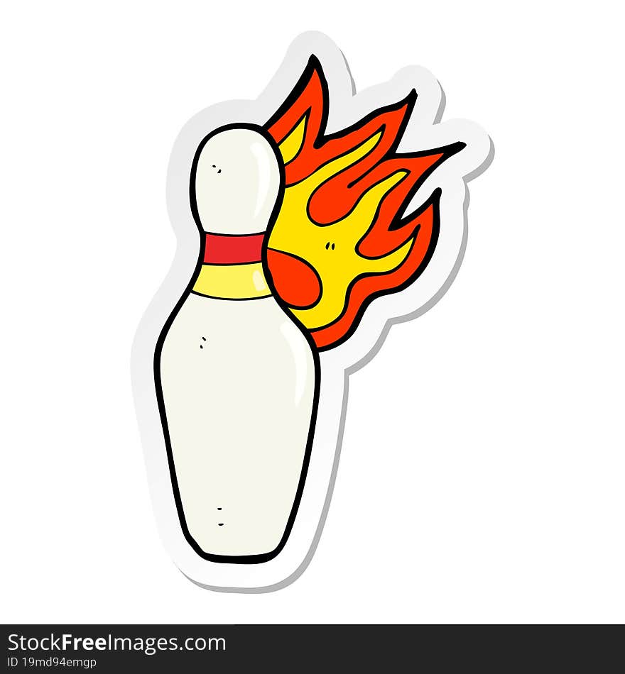 sticker of a cartoon ten pin bowling skittle on fire