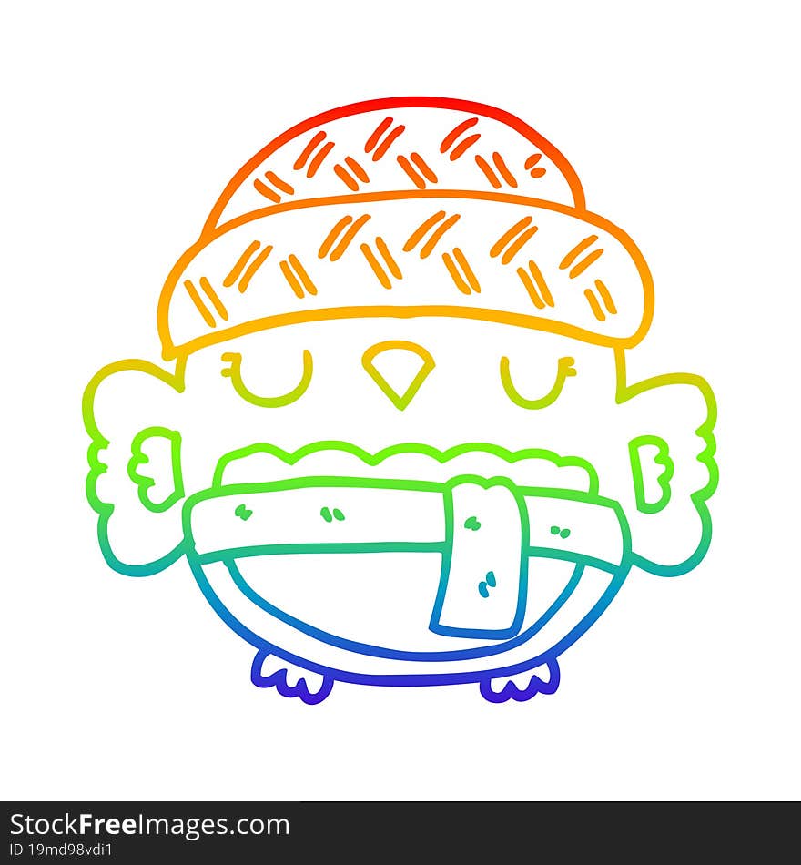 rainbow gradient line drawing cute cartoon owl in hat