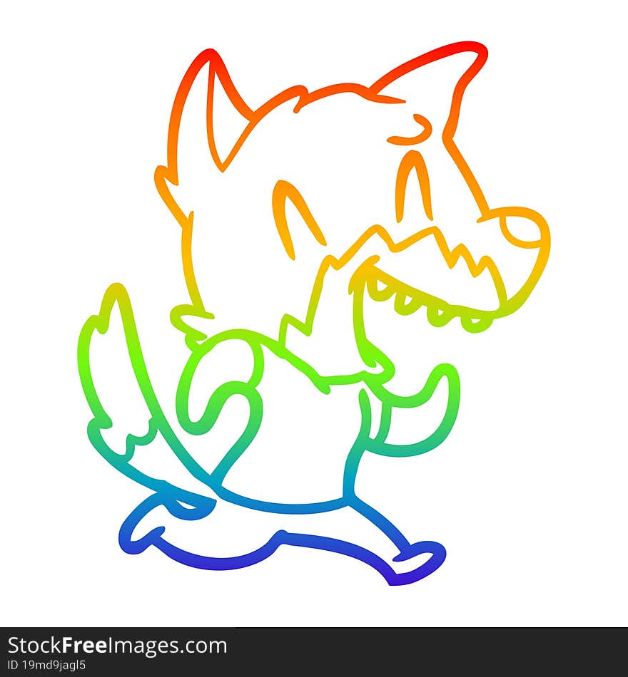 rainbow gradient line drawing of a laughing fox running away