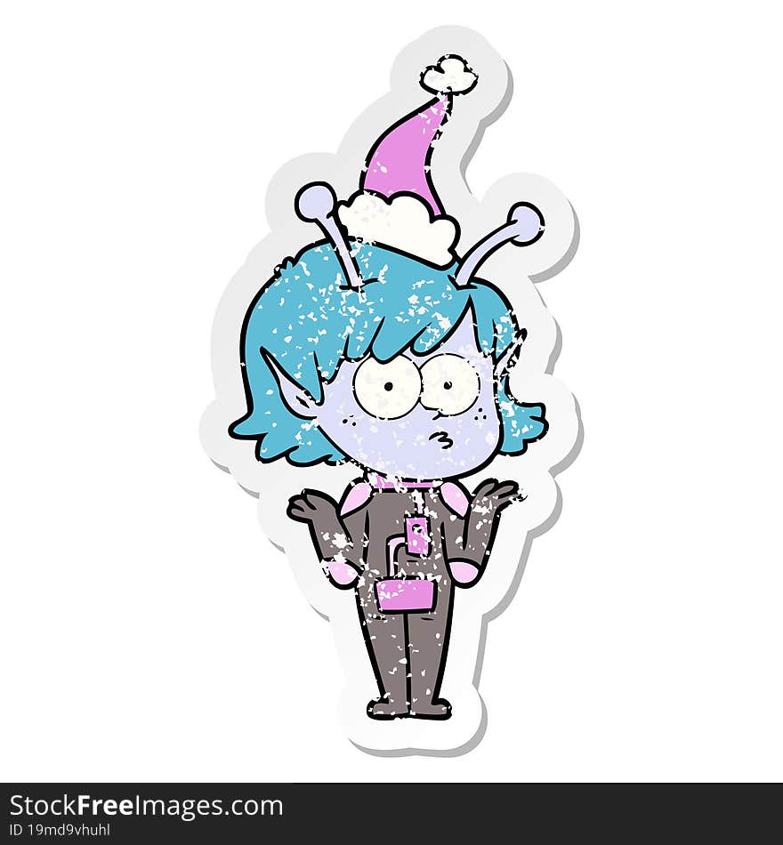 Distressed Sticker Cartoon Of A Alien Girl Wearing Santa Hat