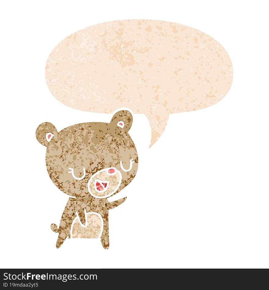 cartoon bear and speech bubble in retro textured style