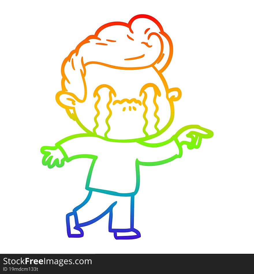 rainbow gradient line drawing of a cartoon man crying