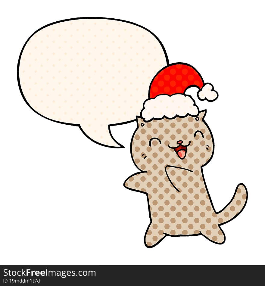 cute cartoon christmas cat and speech bubble in comic book style