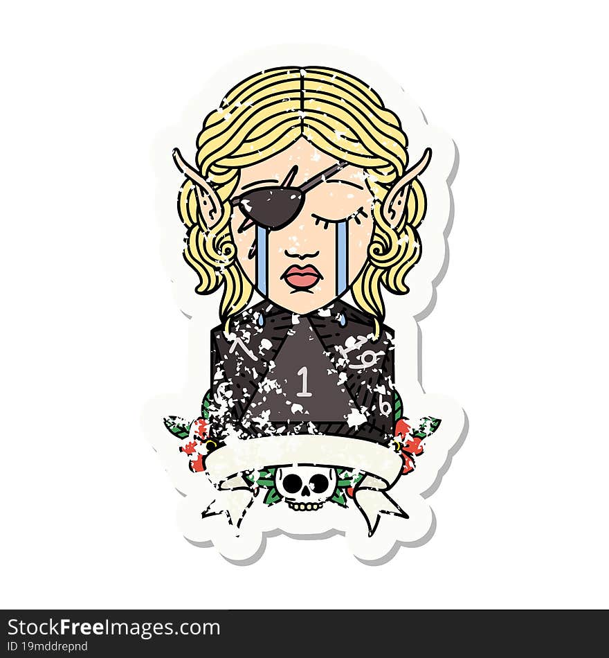 grunge sticker of a crying elf rogue character with natural one D20 roll. grunge sticker of a crying elf rogue character with natural one D20 roll