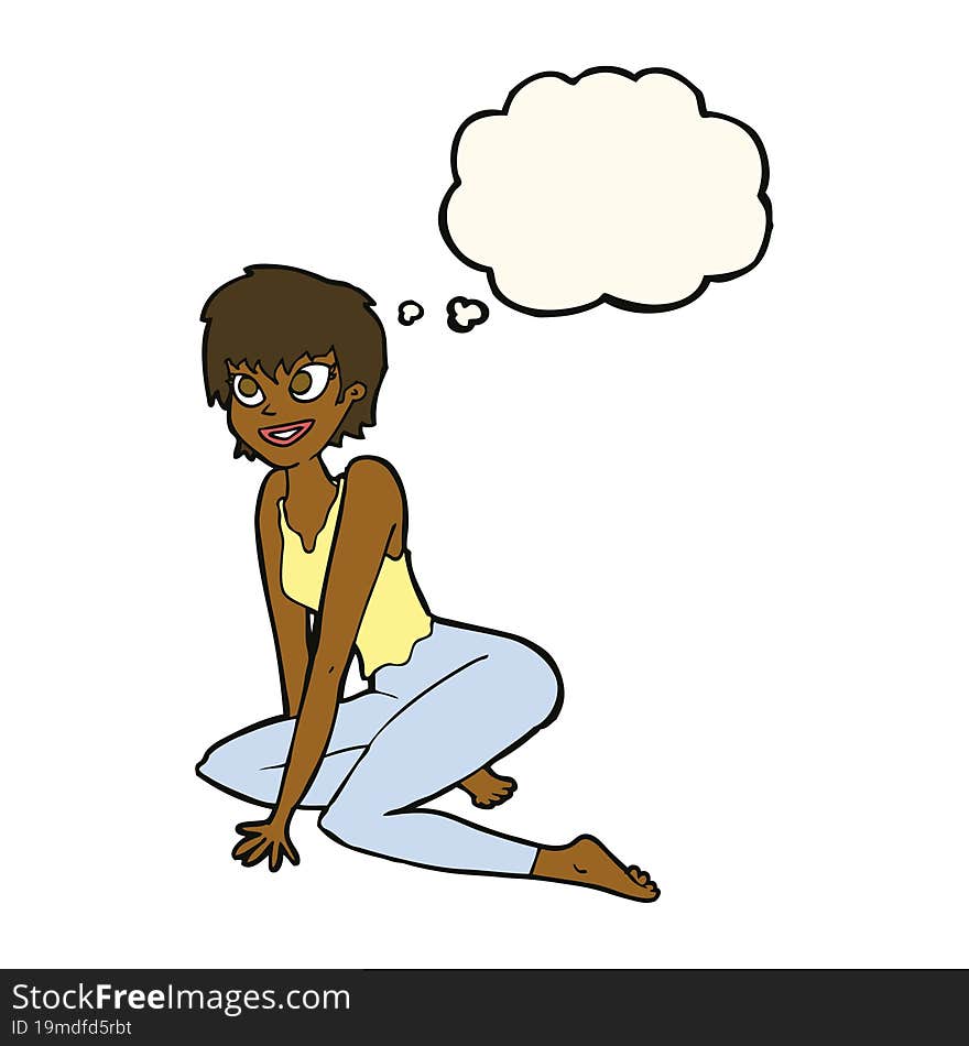 Cartoon Happy Woman Sitting On Floor With Thought Bubble