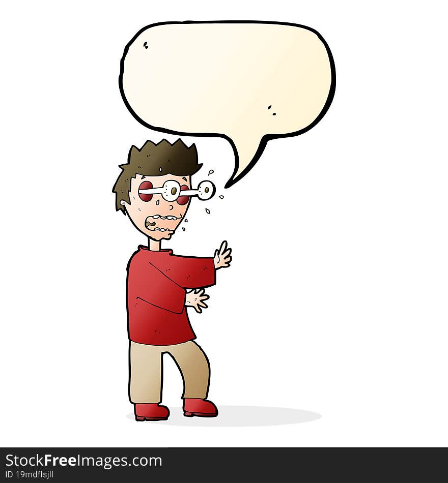 cartoon terrified boy with speech bubble