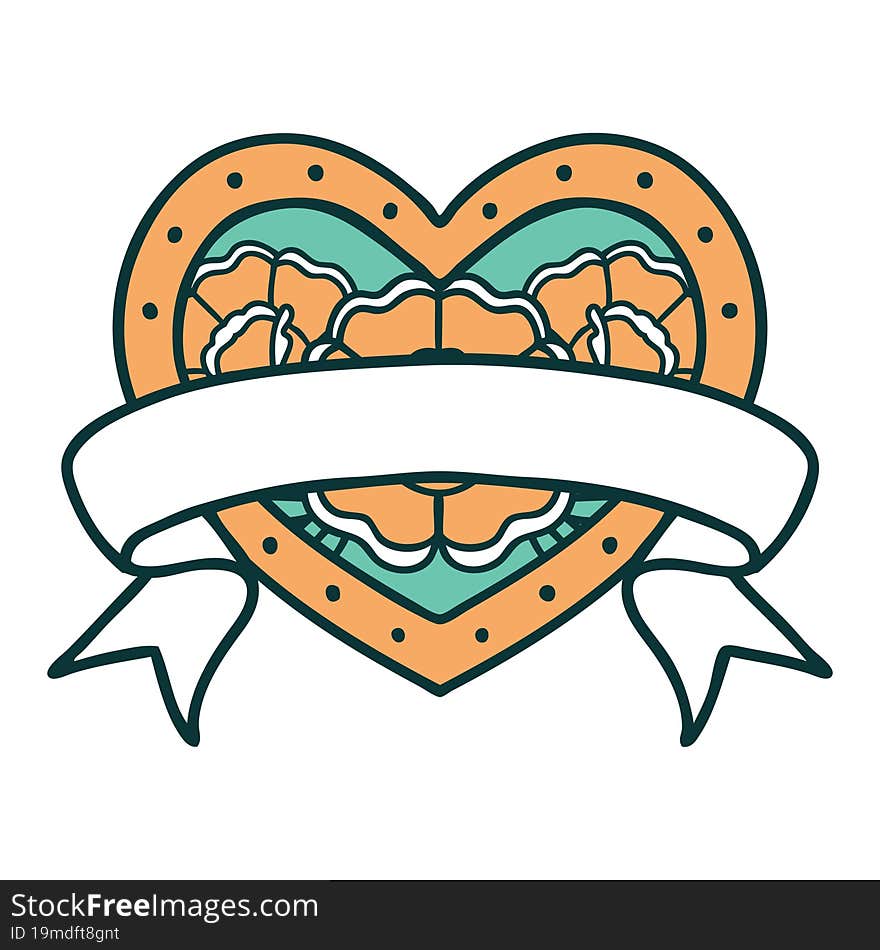 iconic tattoo style image of a heart and banner with flowers. iconic tattoo style image of a heart and banner with flowers