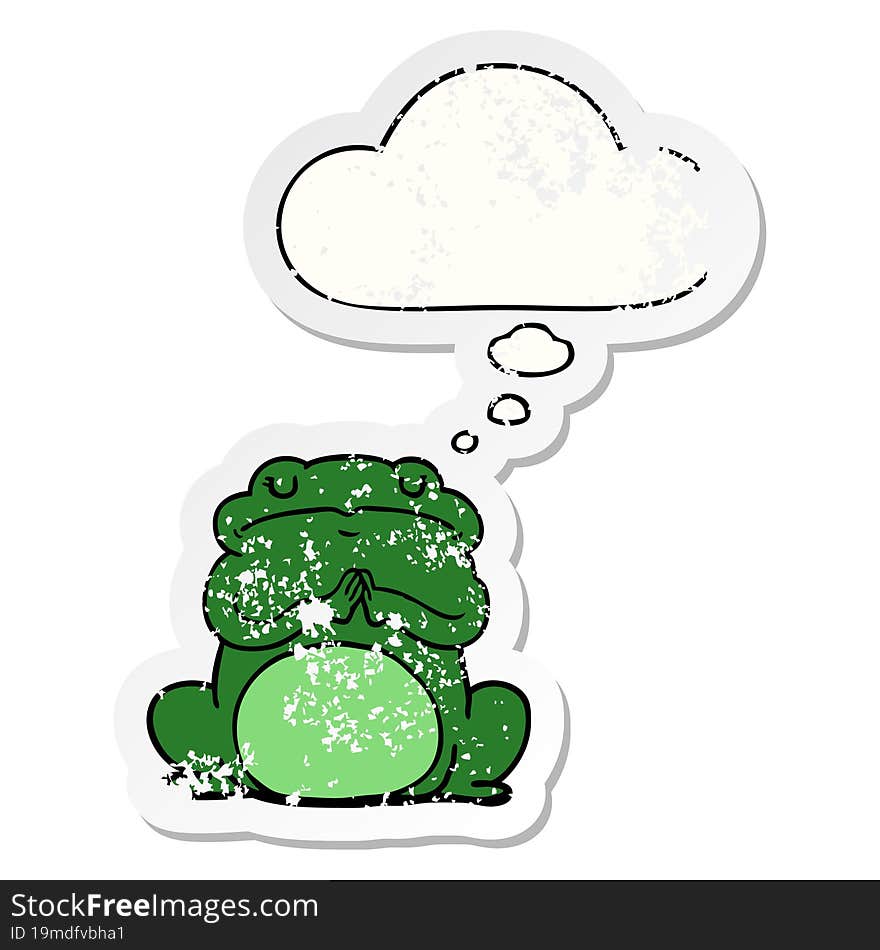 cartoon arrogant frog with thought bubble as a distressed worn sticker