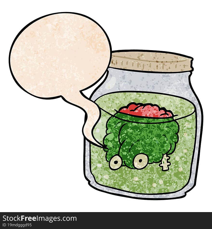 Cartoon Spooky Brain Floating In Jar And Speech Bubble In Retro Texture Style