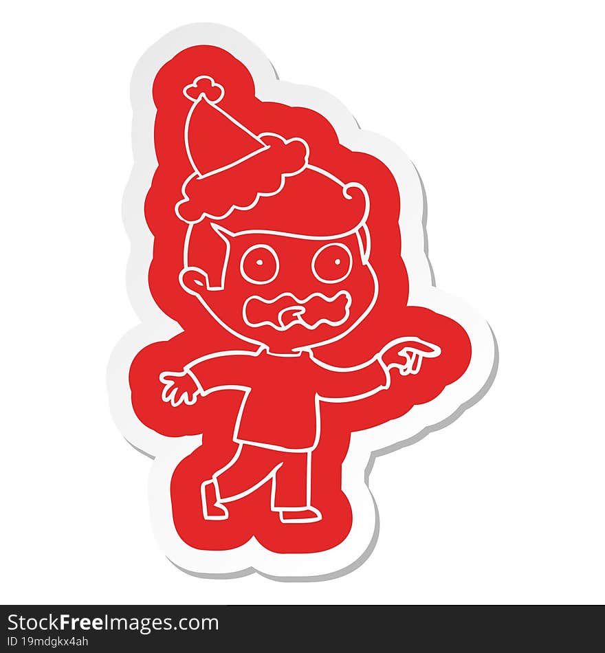 quirky cartoon  sticker of a stressed out pointing wearing santa hat