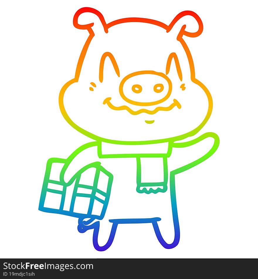 rainbow gradient line drawing nervous cartoon pig with present