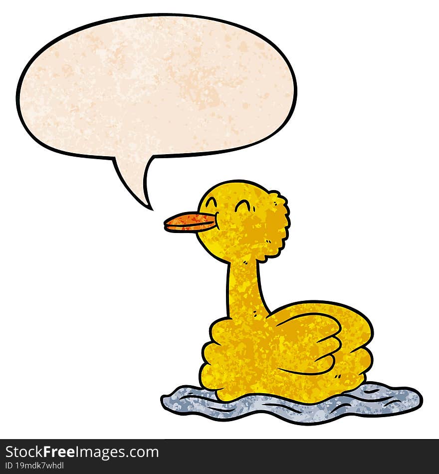 cartoon swimming duck with speech bubble in retro texture style