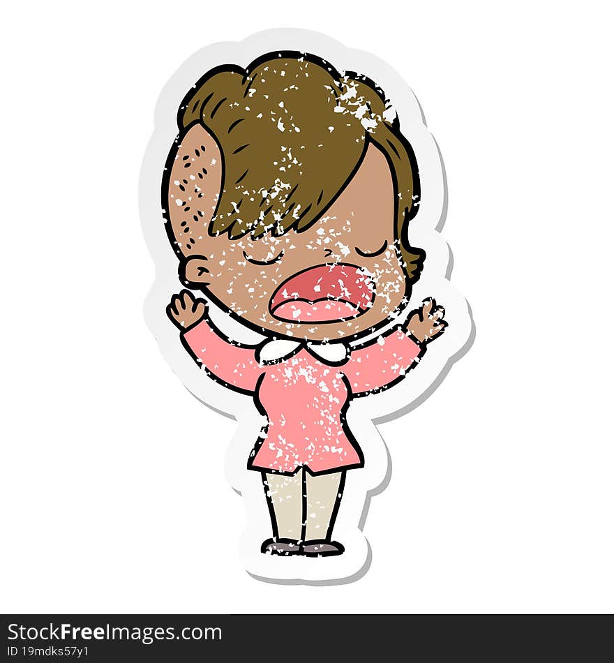 distressed sticker of a cartoon cool hipster girl talking