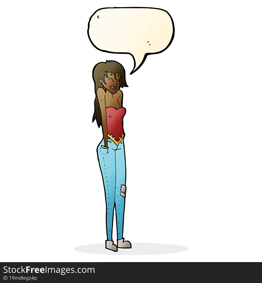 cartoon pretty woman shrugging shoulders with speech bubble