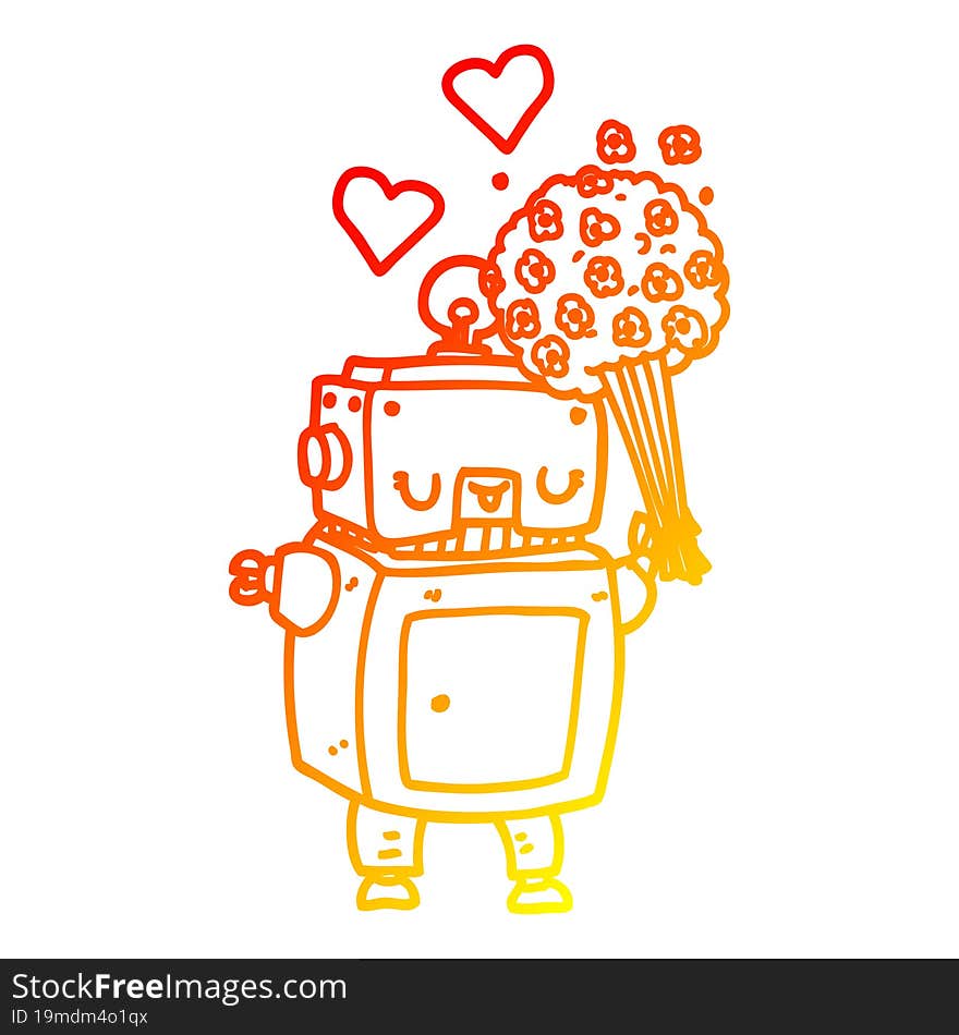 warm gradient line drawing of a cartoon robot in love